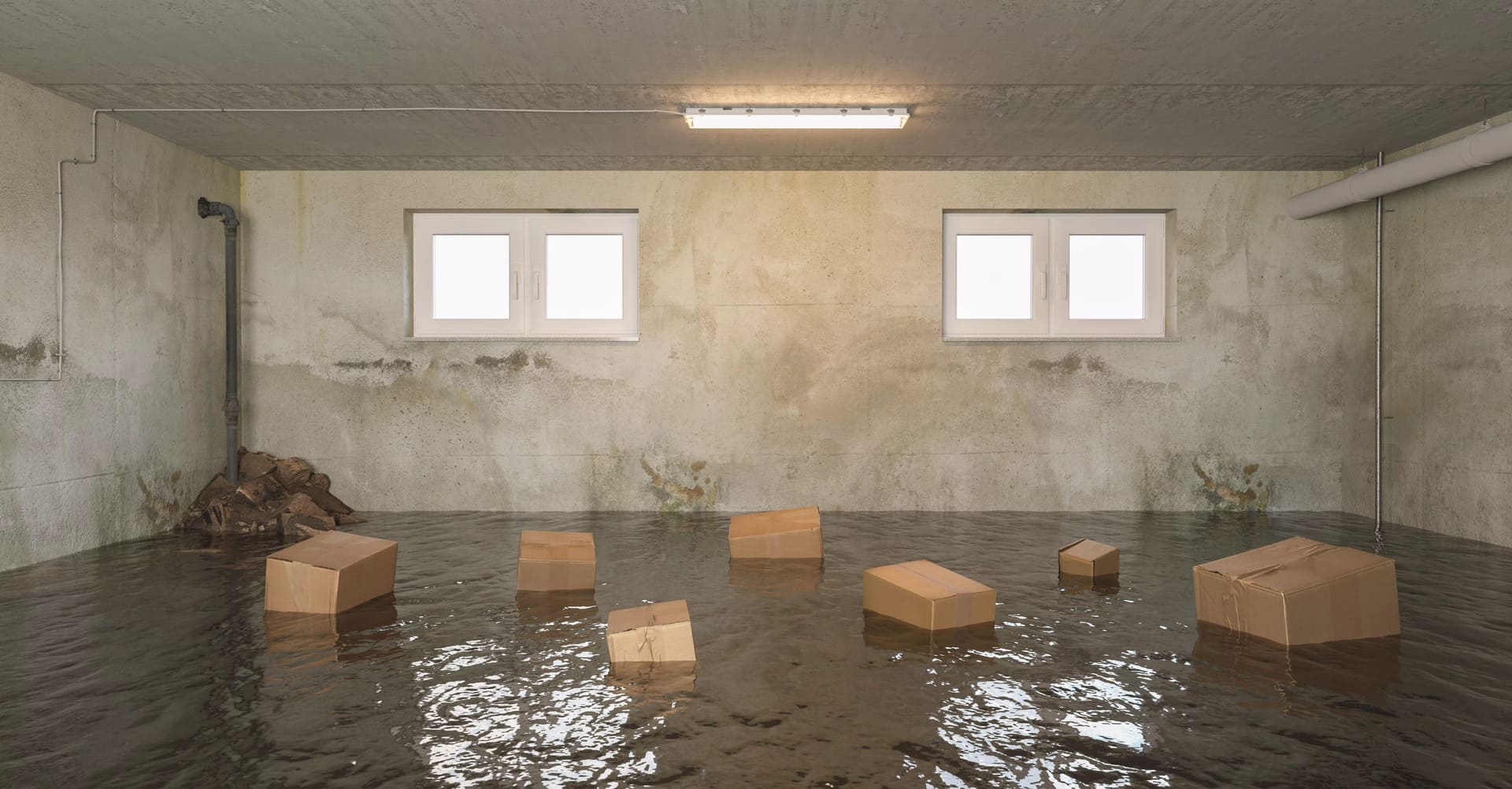 A flooded and damp basement with muddy water covering the floor and several floating, wet cardboard boxes.