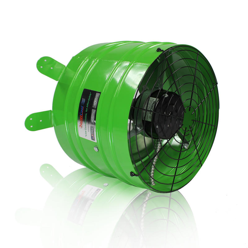 A bright green industrial exhaust fan with a black protective grille, tilted slightly on a reflective white surface.