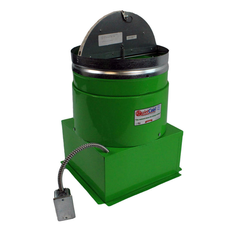 Green QuietCool whole house fan with a circular duct and a control box featuring a flexible metal conduit.