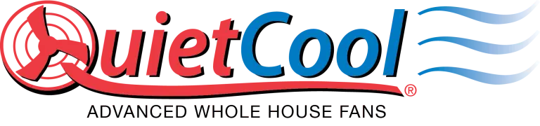 Logo for QuietCool, with a red fan emblem and 'QuietCool' text in red and blue letters with blue airflow lines.