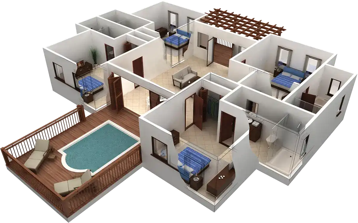 A 3D rendering shows a modern house with multiple bedrooms, living areas, and a small pool with lounge chairs.